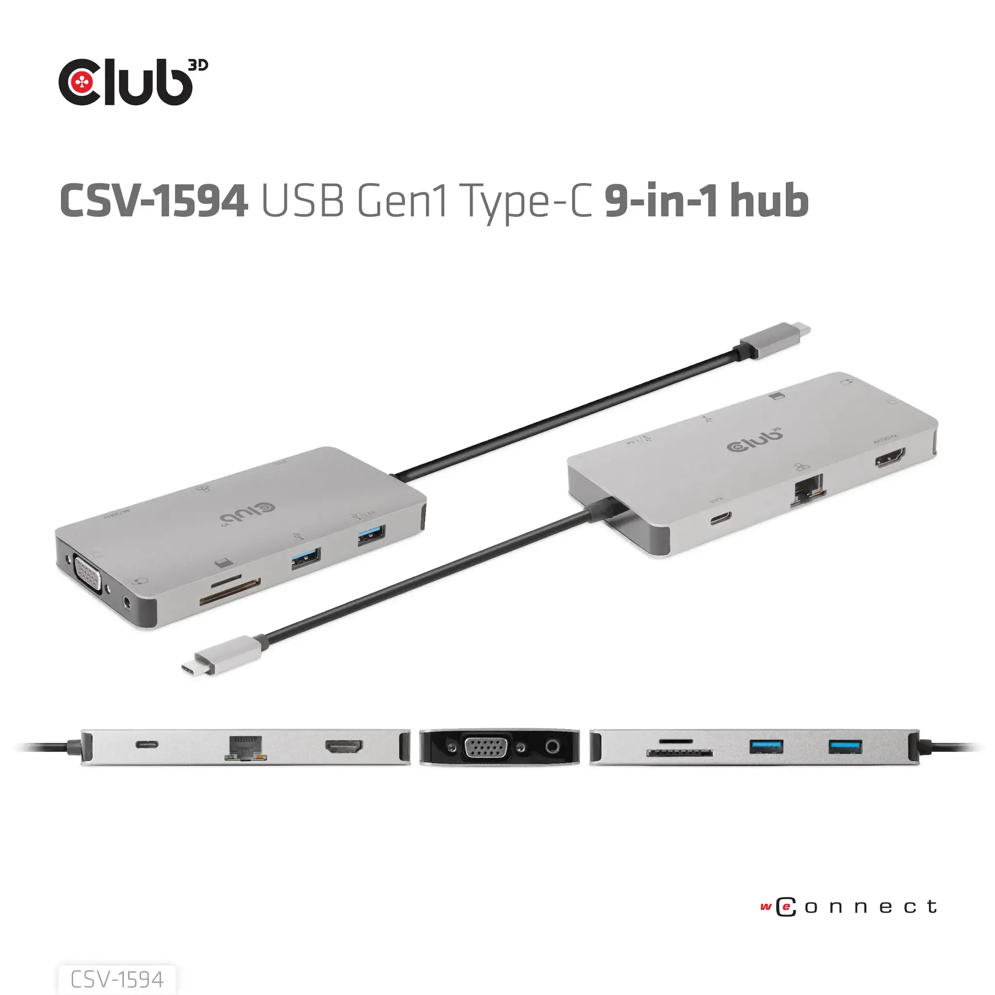 CLUB3D USB Gen1 Type-C 9-in-1 hub with HDMI, VGA, 2x USB Gen1 Type-A, RJ45, SD/Micro SD card slots and USB Gen1 Type-C Female port, USB 3.2 Gen 1 (3.1 Gen 1) Type-C, 3.5mm, HDMI, RJ-45, USB 3.2 Gen 1 (3.1 Gen 1) Type-A, USB 3.2 Gen 1 (3.1 Gen 1) Type-C, VGA, MicroSD (TransFlash), SD, 5000 Mbit/s, 60 Hz, 1920 x 1080 (HD 1080), 3860 x 2160