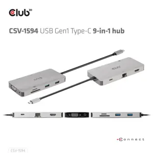 CLUB3D USB Gen1 Type-C 9-in-1 hub with HDMI, VGA, 2x USB Gen1 Type-A, RJ45, SD/Micro SD card slots and USB Gen1 Type-C Female port, USB 3.2 Gen 1 (3.1 Gen 1) Type-C, 3.5mm, HDMI, RJ-45, USB 3.2 Gen 1 (3.1 Gen 1) Type-A, USB 3.2 Gen 1 (3.1 Gen 1) Type-C, VGA, MicroSD (TransFlash), SD, 5000 Mbit/s, 60 Hz, 1920 x 1080 (HD 1080), 3860 x 2160