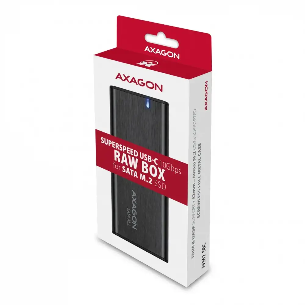 AXAGON EEM2-SBC, M.2 SATA be varžtų RAW dėžutė, juoda, SuperSpeed USB-C 10 Gbps