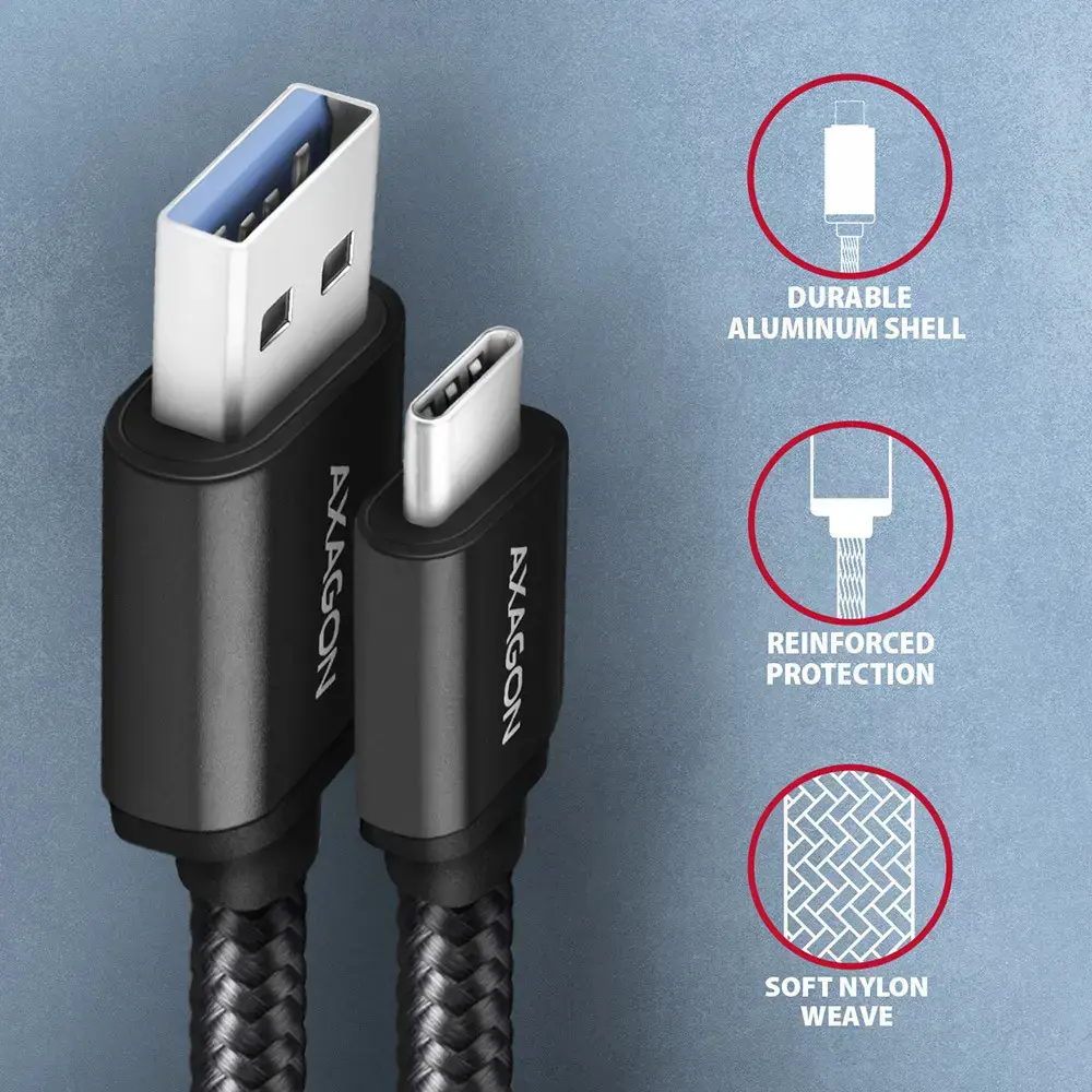 Axagon Duomenų perdavimo ir įkrovimo USB 3.2 Gen1 kabelis, ilgis 1,5 m. 3A. Juodos spalvos pintas.