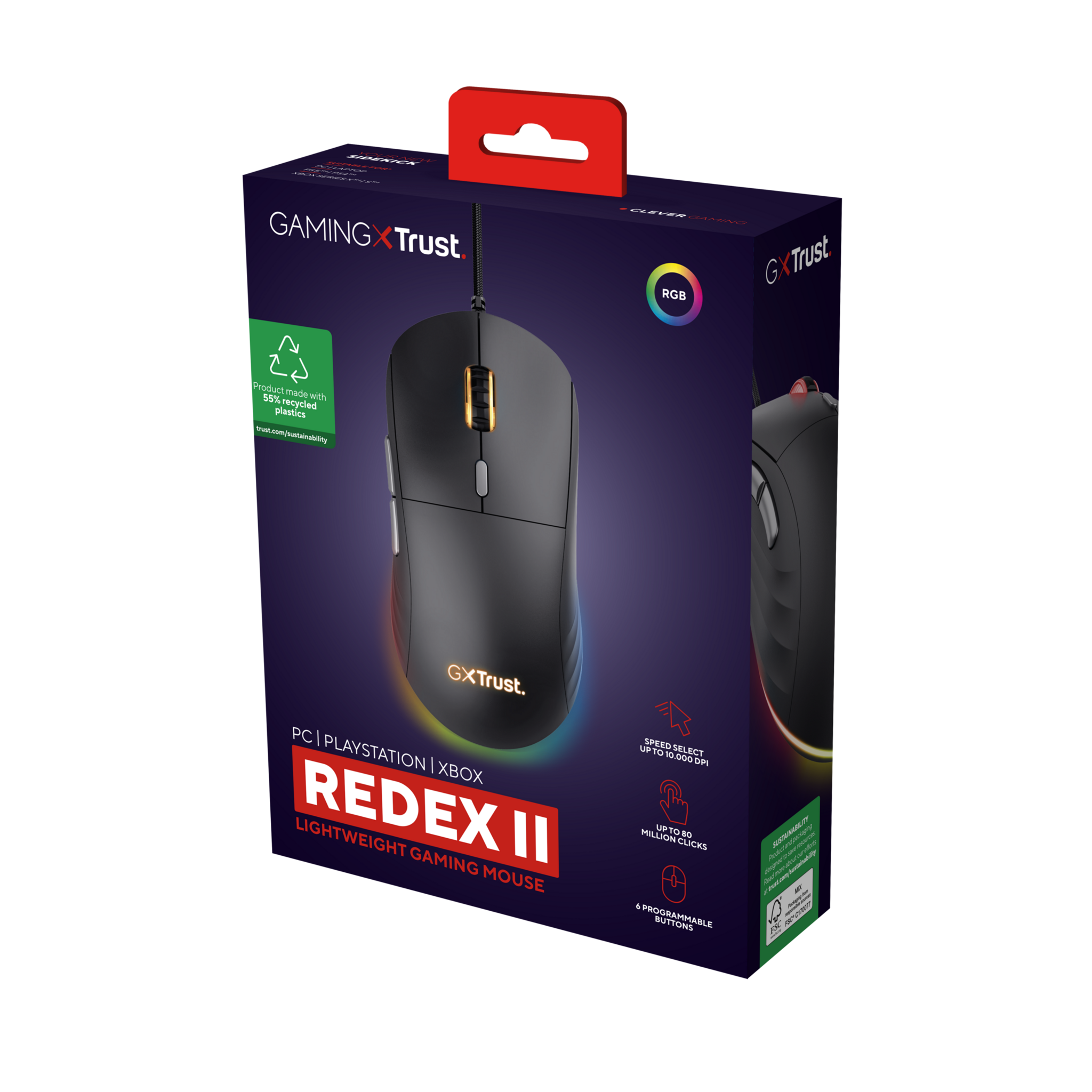 Trust GXT 925 REDEX II, Right-hand, Laser, USB Type-A, 10000 DPI, Black