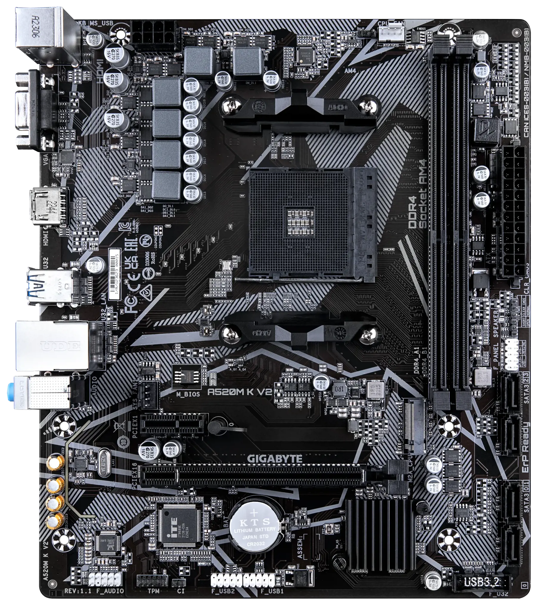 Gigabyte A520M K V2, AMD, "Socket AM4", "AMD Ryzen™ 3", "AMD Ryzen™ 5", "AMD Ryzen™ 7", 3 kartos "AMD Ryzen™ 9", "AMD Ryzen 9 5th Gen", "Socket AM4", DDR4-SDRAM, 64 GB