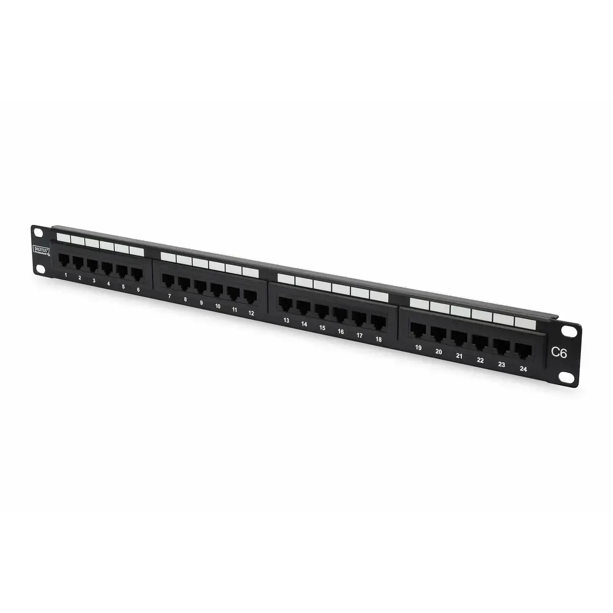 DIGITUS Patch Panel 19inch 24Port Cat6 neekranuotas juodos spalvos RAL 9005 kabeliai montavimas apie LSA be LSA dangtelio