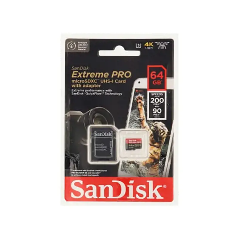"SanDisk Extreme PRO microSDXC 64GB + SD adapteris + 2 metų "RescuePRO Deluxe" iki 200MB/s ir 90MB/s skaitymo/rašymo greitis A2 C10 V30 UHS-I U3; EAN:619659188573