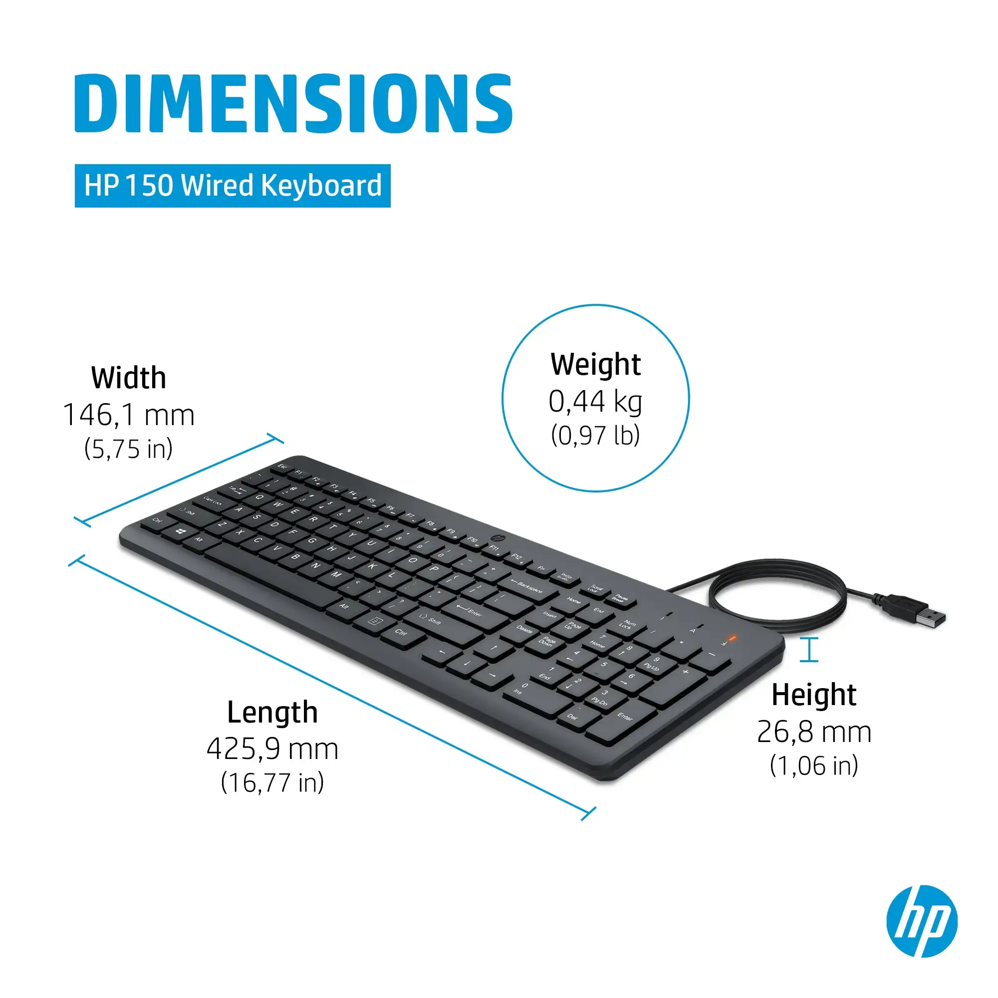 HP 150 laidinė klaviatūra, pilno dydžio (100 %), USB, mechaninė, QWERTY, juoda