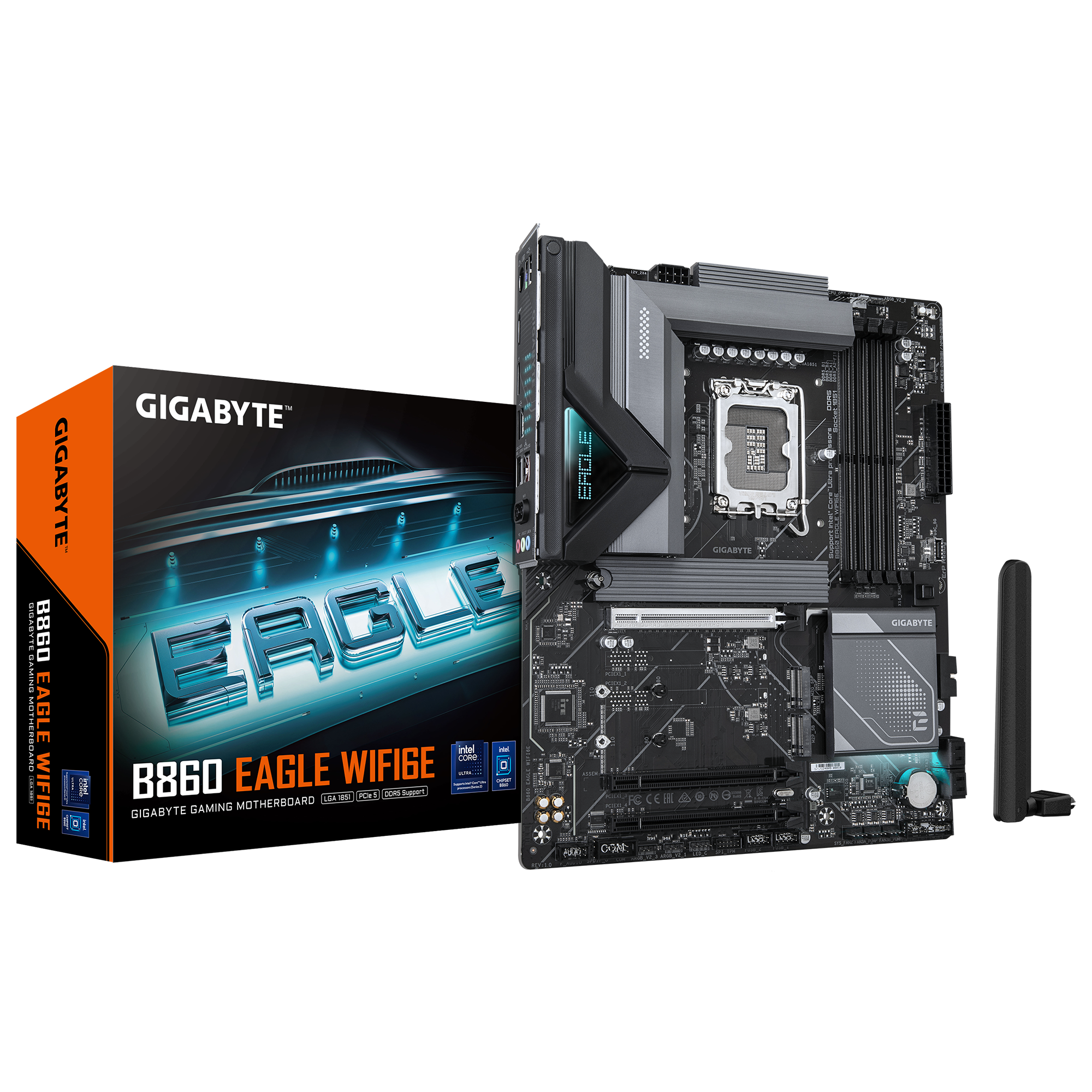 Mainboard GIGABYTE Intel B860 Express LGA1851 ATX Memory DDR5 Memory slots 4 3xPCI-Express 16x 3xM.2 1xHDMI 1xDisplayPort 1xAudio-In 1xAudio-Out 1xMicrophone 4xUSB 2.0 1xUSB 3.2 1xUSB-C 1xPS/2 1xRJ45 B860EAGLEWIFI6E1.0