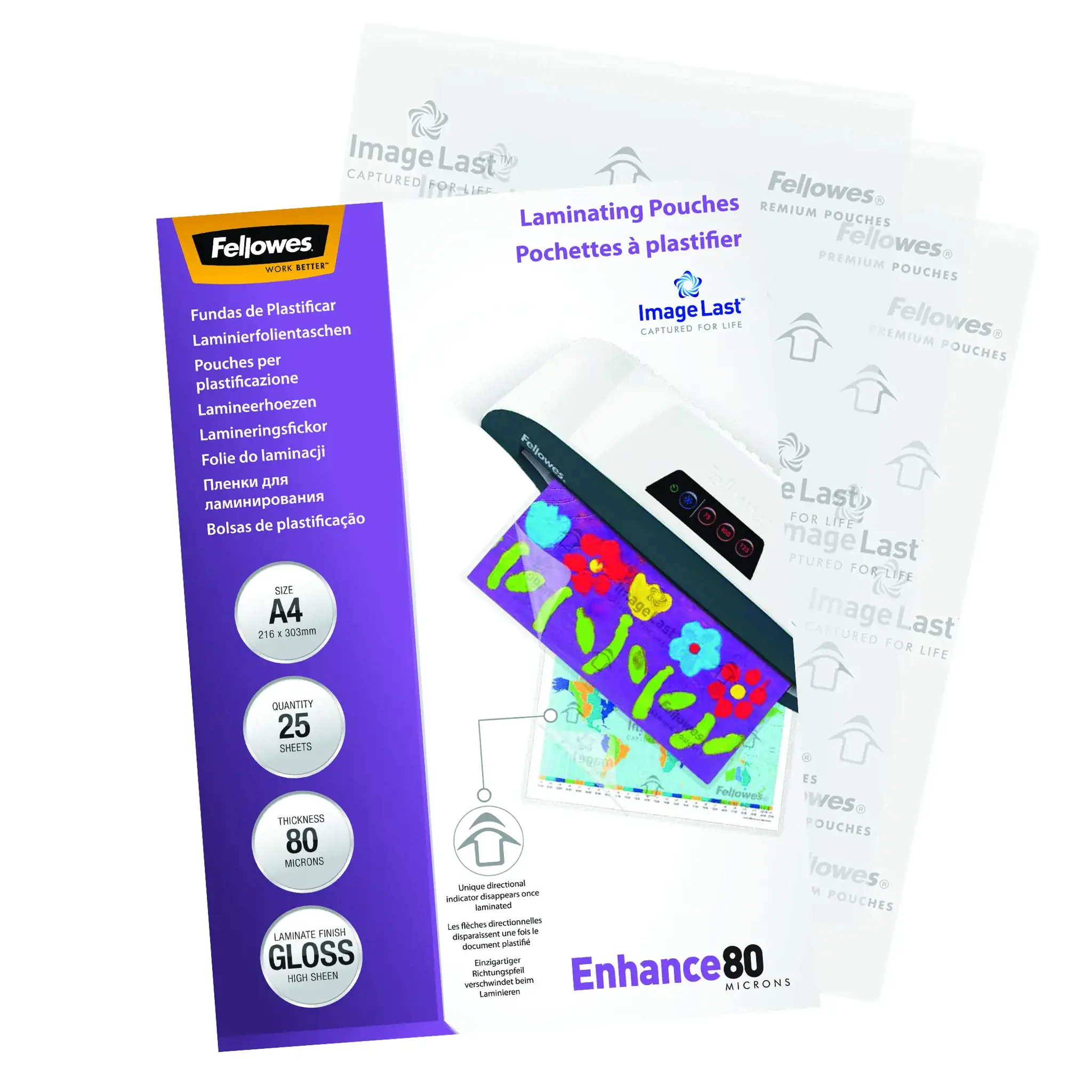 "Fellowes ImageLast" A4 80 mikronų laminavimo dėklas - 25 pakuotės, skaidrus, blizgus, A4, 0,08 mm, 210 mm, 1 mm