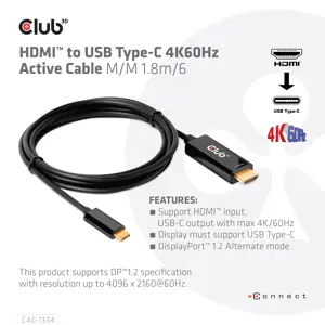 CLUB3D HDMI to USB Type-C 4K60Hz Active Cable M/M 1.8m/6 ft, 1.8 m, HDMI Type A (Standard), USB Type-C, Male, Male, Meets ROHS, FCC, and CE EMI requirements Note: - Please update your TV Firmware to the version...