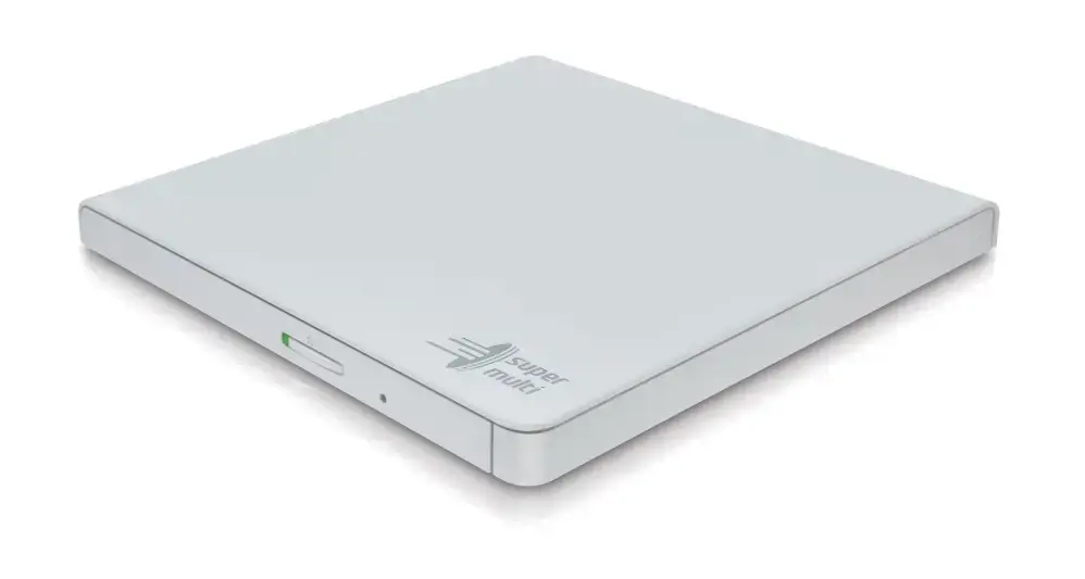 "Hitachi-LG Slim" nešiojamasis DVD rašytuvas, baltas, dėklas, stalinis/nešiojamasis kompiuteris, DVD±RW, USB 2.0, 60000 h