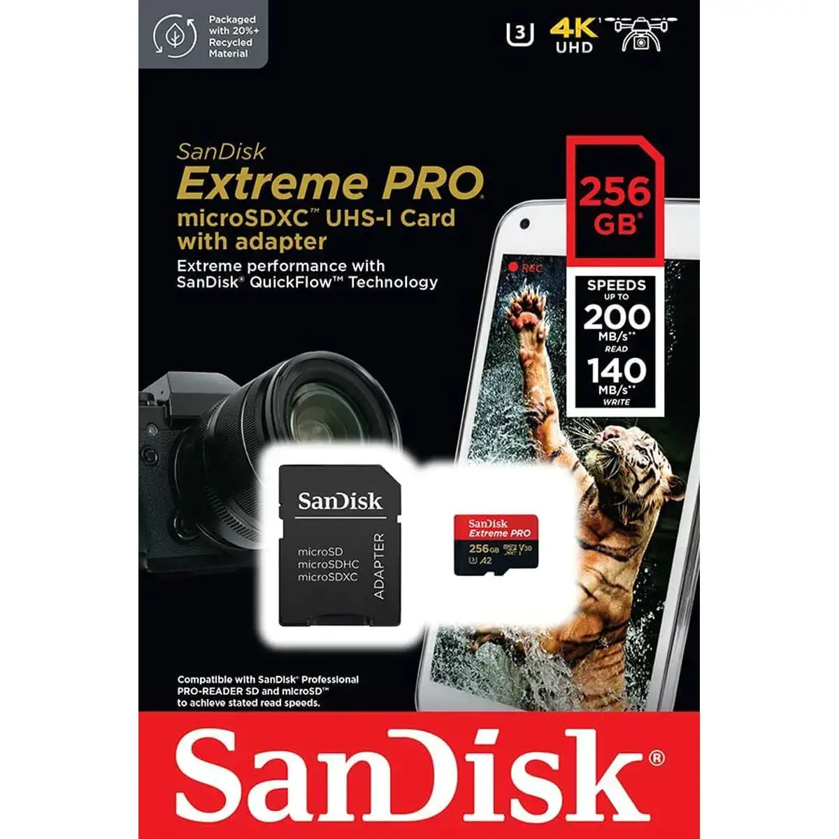 "SanDisk Extreme PRO microSDXC 256GB + SD adapteris + 2 metų "RescuePRO Deluxe" iki 200MB/s ir 140MB/s skaitymo/rašymo greitis A2 C10 V30 UHS-I U3; EAN:619659188542