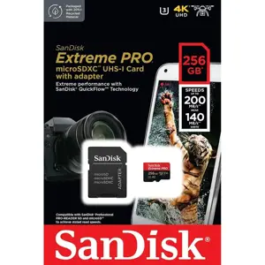 "SanDisk Extreme PRO microSDXC 256GB + SD adapteris + 2 metų "RescuePRO Deluxe" iki 200MB/s ir 140MB/s skaitymo/rašymo greitis A2 C10 V30 UHS-I U3; EAN:619659188542