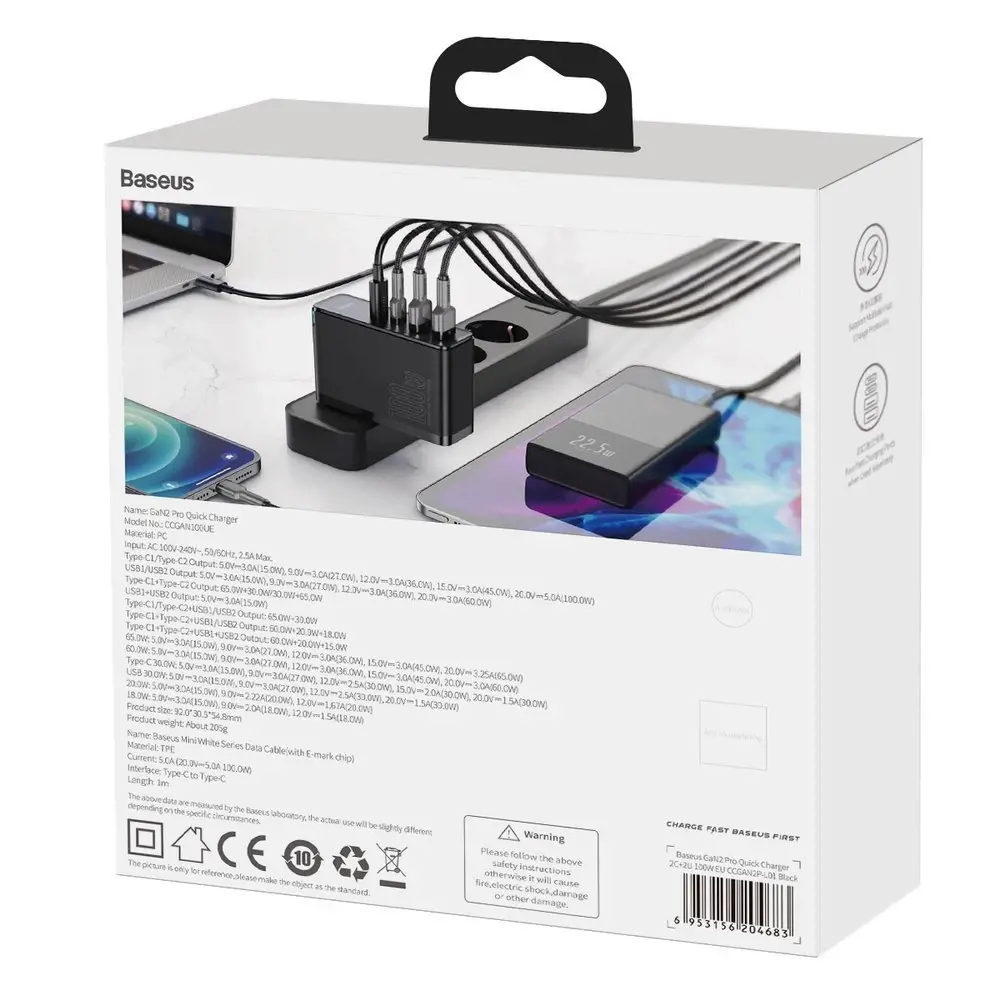 "Baseus GaN2 Pro" greitasis įkroviklis 100 W USB / C tipo USB greitasis įkrovimas 4+ Power Delivery Black (juodas)
