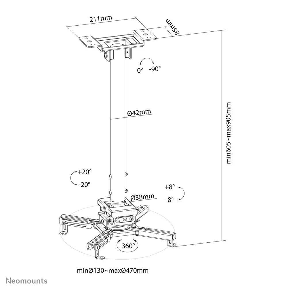 "Neomounts by Newstar" projektoriaus lubinis laikiklis, lubinis, 35 kg, juodas, -8 - 8°, 180°, -20 - 20°