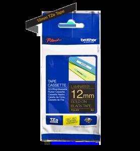 Brother laminuota juosta 12 mm, aukso spalvos, juoda, TZe, terminis perkėlimas, Brother, PT-1280HK, PT-1280SN, PT-1280KT, PT-D200HK, PT-1100SN, PT-1100KT, PT-2100VP, PT-2730, PT-7600,..., 1,2 cm