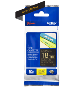 Brother laminuota juosta 18 mm, aukso spalvos, juoda, TZe, terminis perkėlimas, Brother, PT-2430PC, PT-2700, PT-2730, PT-9600, PT-9700PC, PT-9800PCN, 1,8 cm