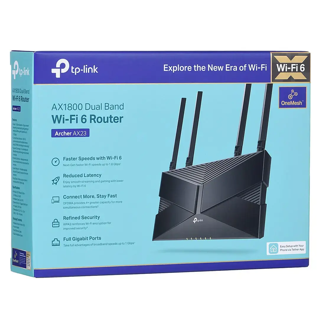 TP-Link ARCHER AX23, "Wi-Fi 6" (802.11ax), dviejų dažnių (2,4 GHz / 5 GHz), Ethernet LAN, 5G, juodas, stalinis maršrutizatorius