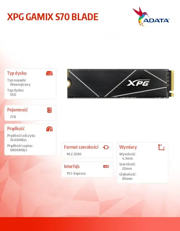 SSD diskas ADATA XPG Gammix S70 BLADE 2 TB, M.2 2280, PCIe Gen4x4
