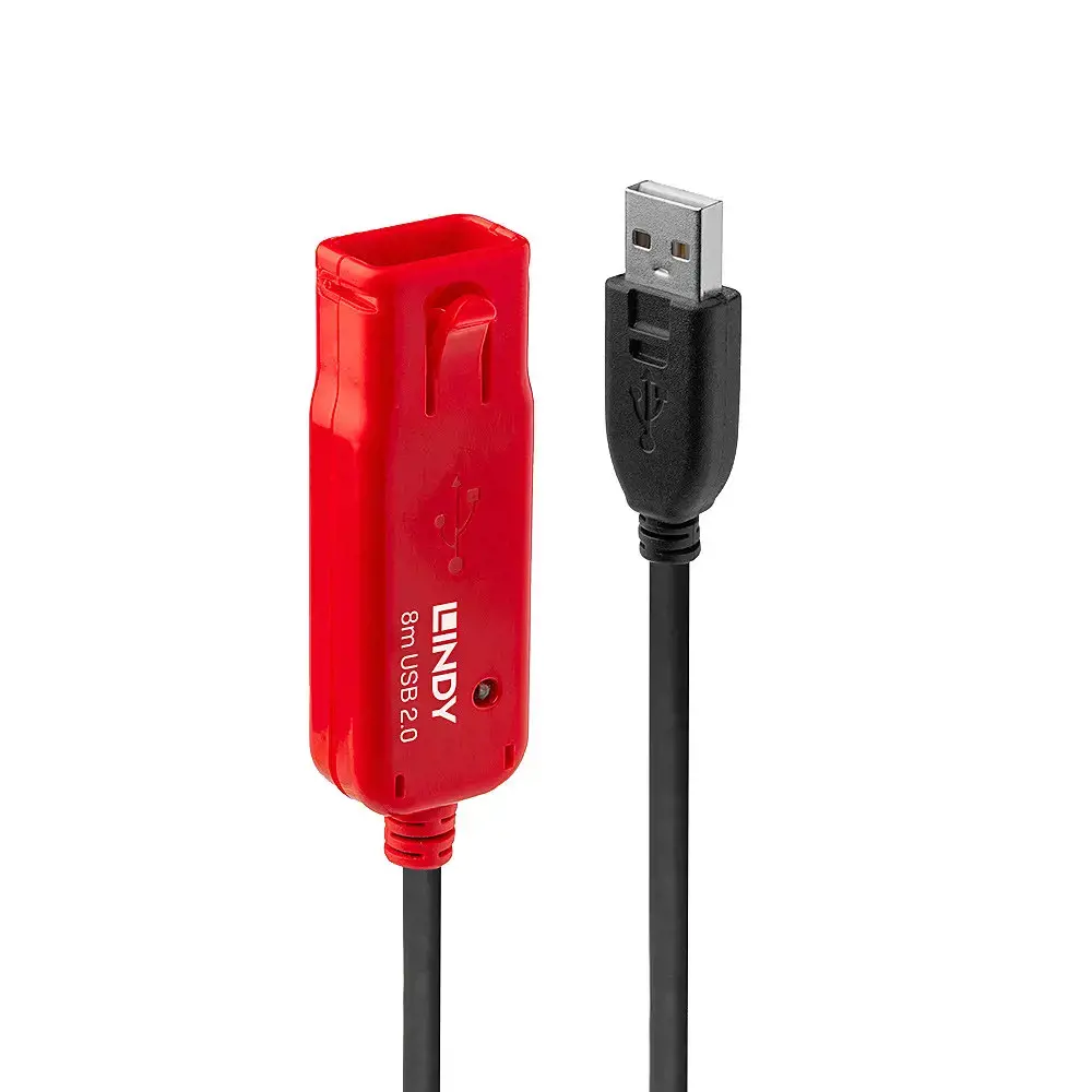 "Lindy" 8 m USB 2.0 aktyvusis prailgintuvas, CE, UKCA, FCC, RoHS, REACH, Kalifornijos pasiūlymas 65, juodas, 0 - 50 °C, -20 - 60 °C, 8 m, 280 g