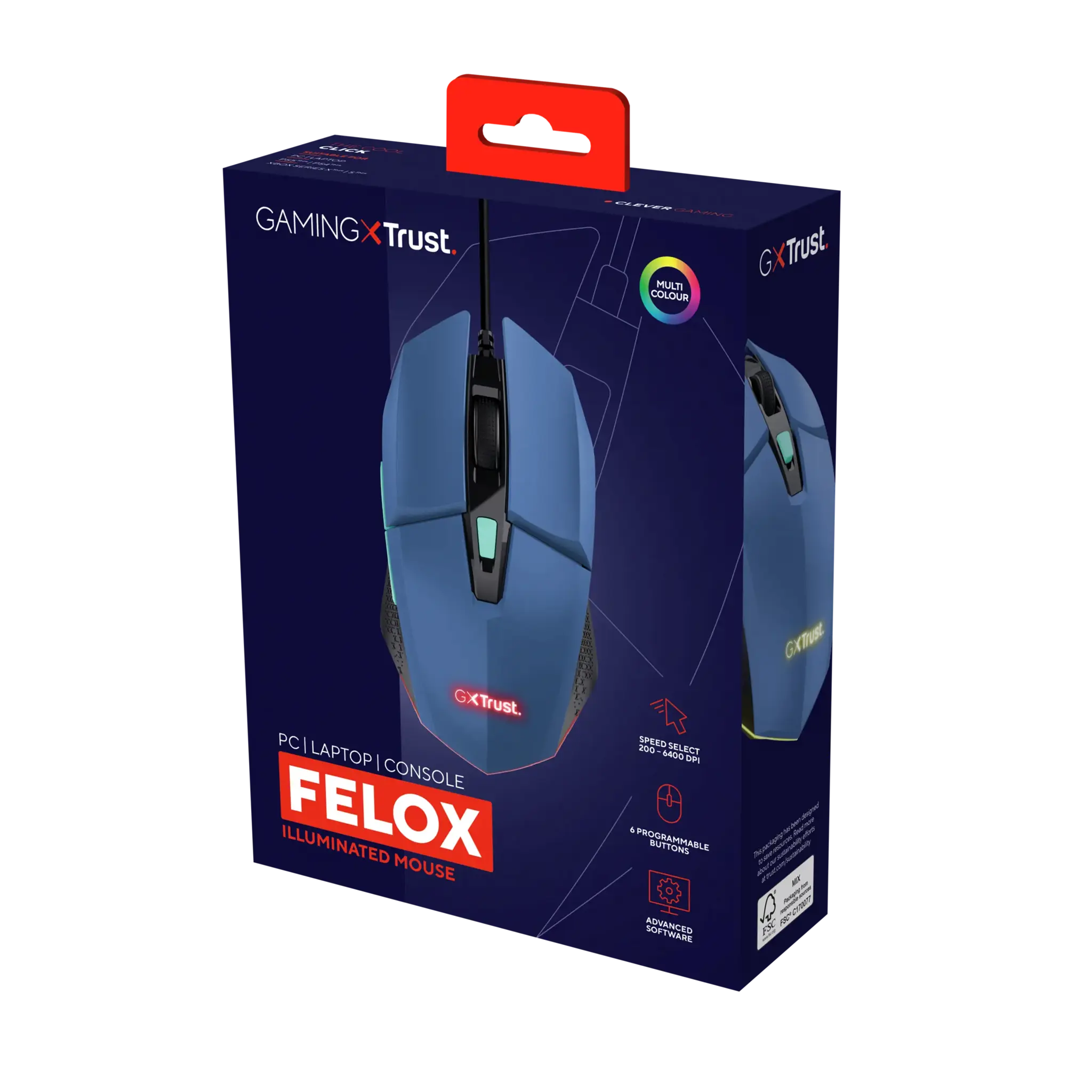 "Trust GXT109B FELOX", dvipusis, A tipo USB, 6400 DPI, mėlynas
