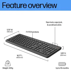 HP 220 belaidė klaviatūra, 425,5 g, 441 mm, 173 mm, 32 mm, 580 g, 146,1 mm
