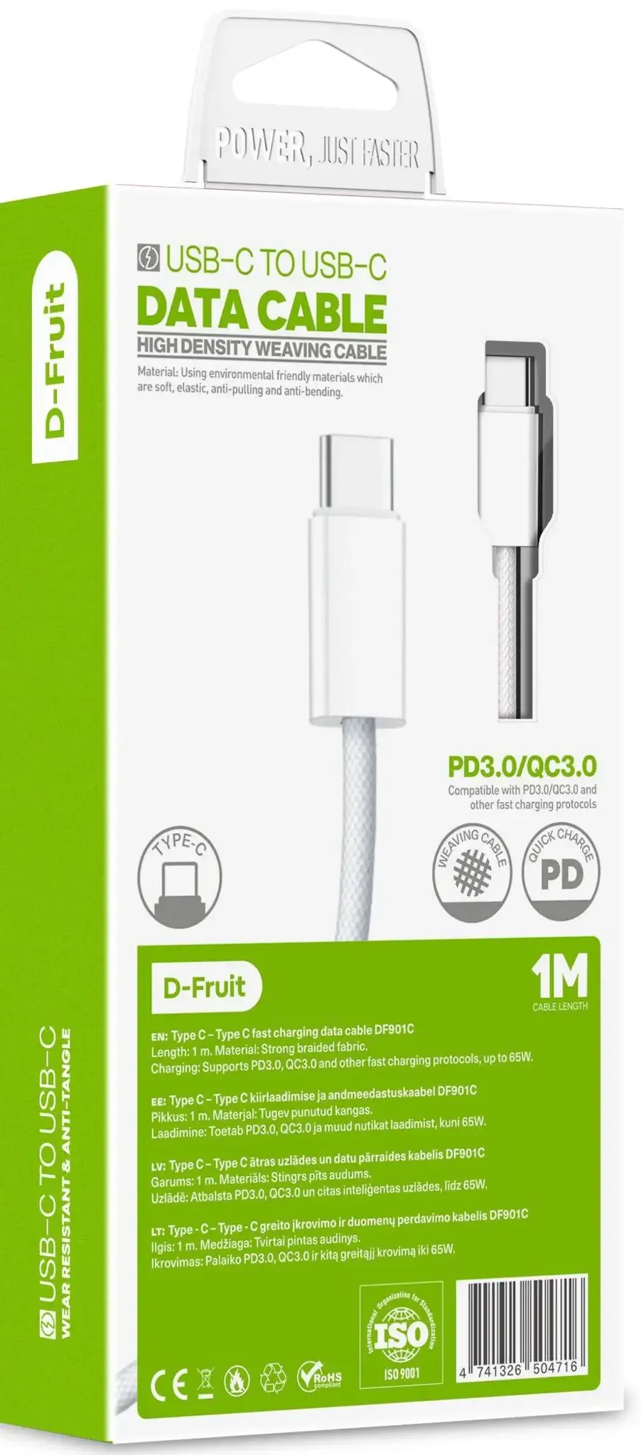 "D-Fruit" kabelis USB-C - USB-C 1 m, baltas (DF901C)