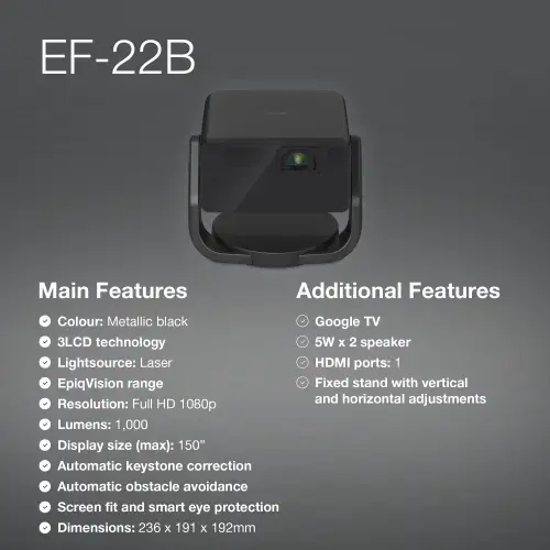 Epson EF-22B Projektorius 3LCD FHD 1920x1080, 500 ANSI lumens, USB, Juoda