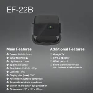 Epson EF-22B Projektorius 3LCD FHD 1920x1080, 500 ANSI lumens, USB, Juoda
