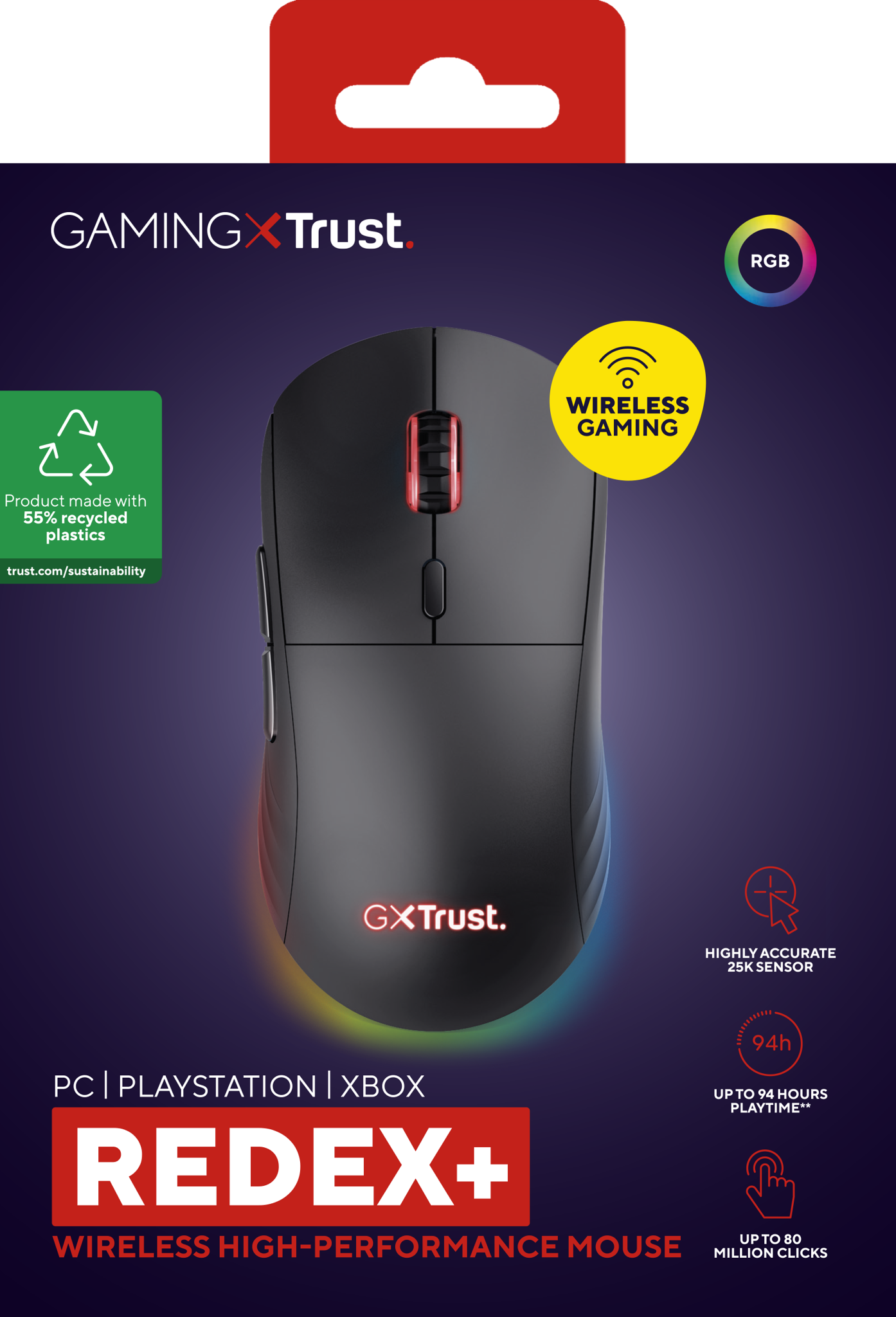 Trust GXT 927 Redex+, Right-hand, Laser, RF Wireless + USB Type-A, 25600 DPI, Black