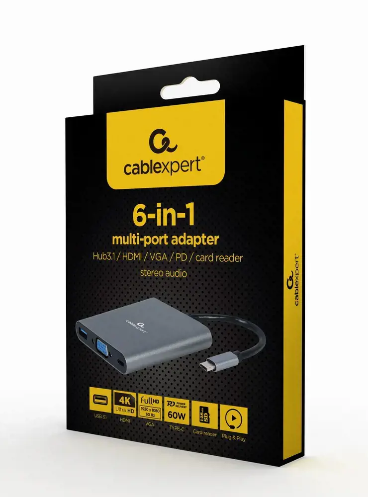 GEMBIRD A-CM-COMBO6-01 kelių prievadų adapteris C tipo USB 6in1 Hub3.1 HDMI VGA PD kortelių skaitytuvas stereofoninis garsas erdvinis pilkas