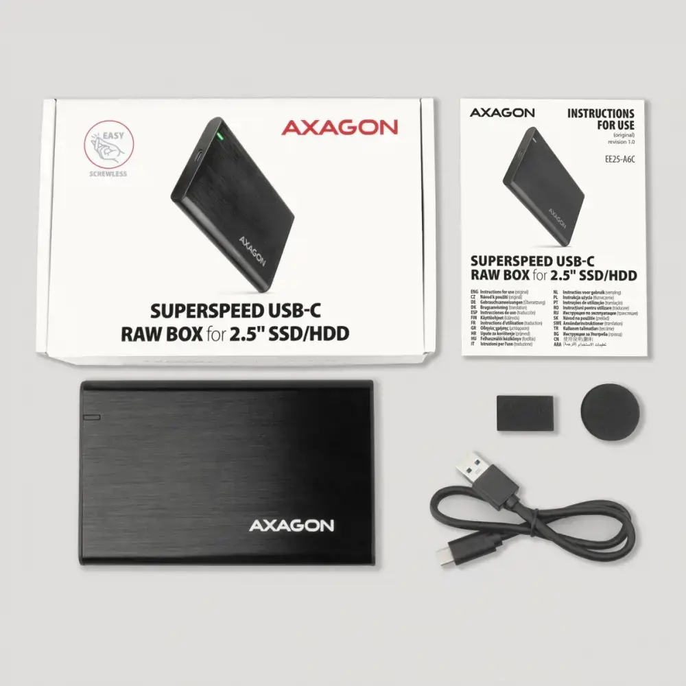 AXAGON EE25-A6C USB-C 3.2 Gen 1 - SATA 6G 2,5" išorinis SCREWLESS ALU RAW langelis BLACK