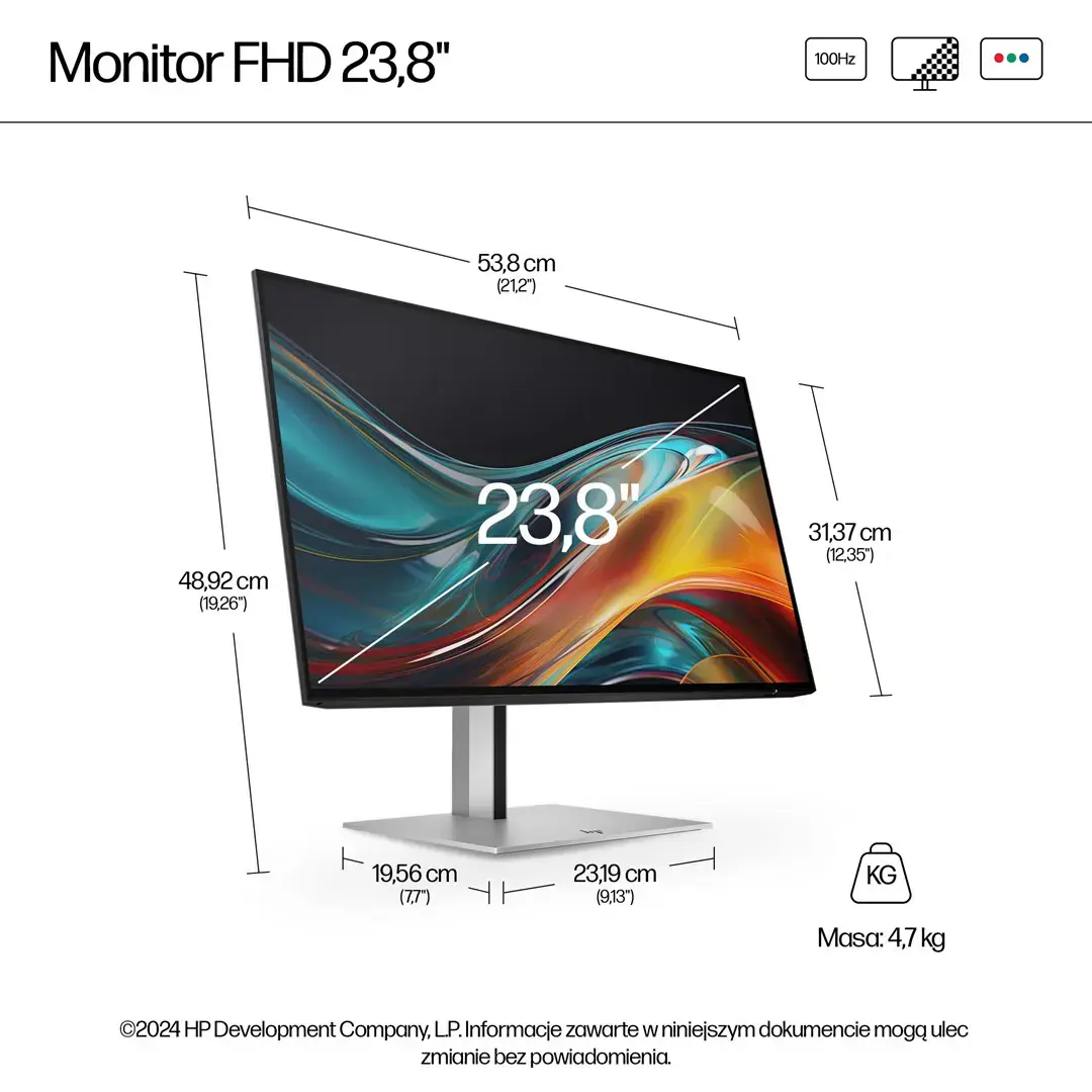 HP Series 7 Pro 23.8 inch FHD Monitor - 724pf, 60.5 cm (23.8"), 1920 x 1080 pixels, Full HD, Black, Silver