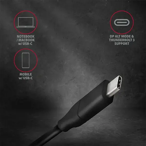 Aktyvusis USB-C -> DisplayPort kabelis - adapteris AXAGON RVC-DPC, skirtas prijungti "DisplayPort" monitorių, televizorių ir projektorių prie nešiojamojo kompiuterio arba mobiliojo telefono naudojant C tipo USB jungtį.