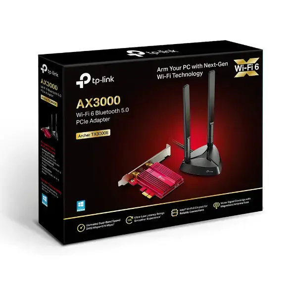 TP-Link Archer TX3000E, vidinis, belaidis, PCI Express, WLAN / Bluetooth, 2402 Mbps, juodas, raudonas