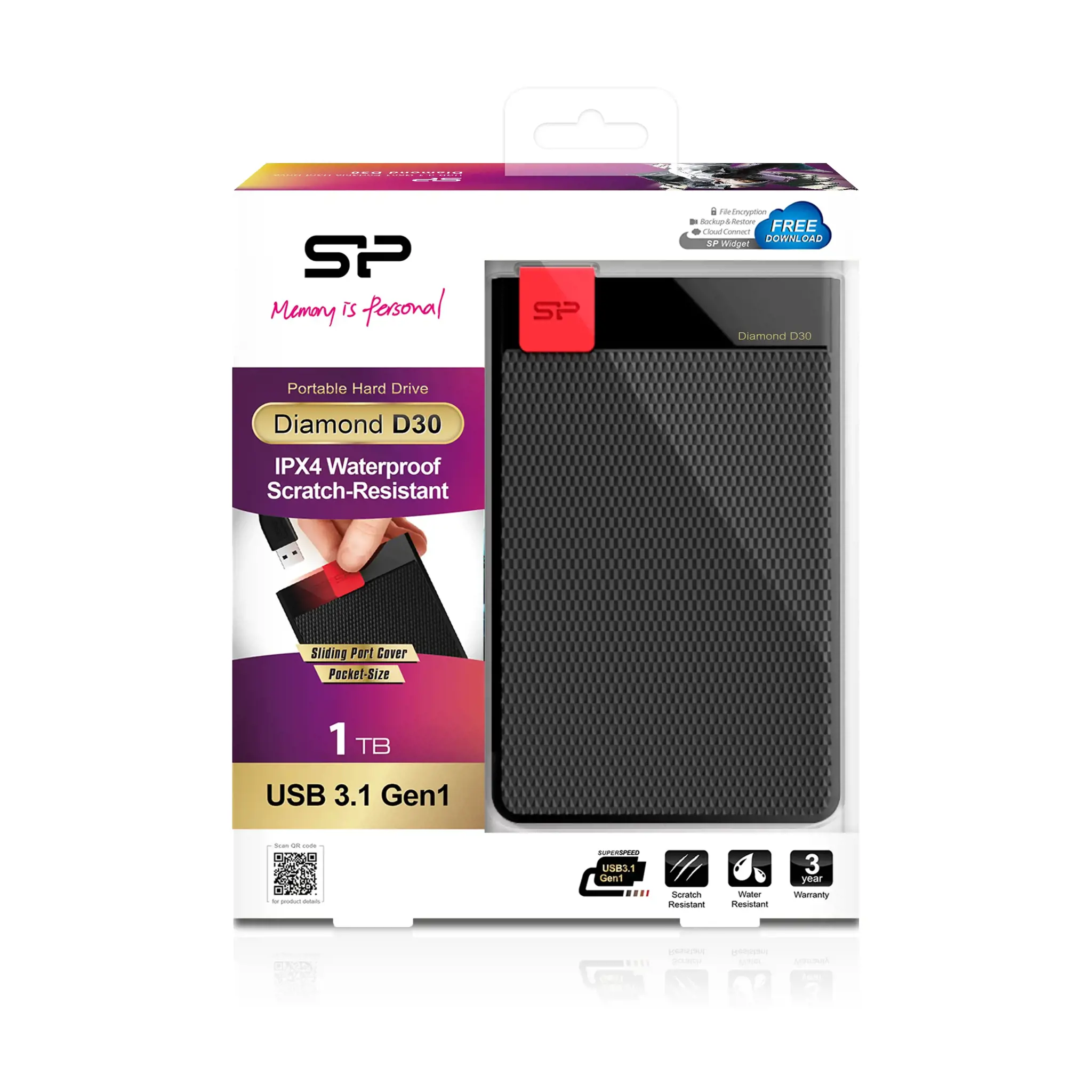 SILICONPOW SP010TBPHDD3SS3K Išorinis kietasis diskas Silicon Power Diamond D30 1TB USB 3.0, itin plonas, 7 mm, IPX4, juodas
