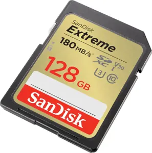 "SanDisk Extreme" 128 GB SDXC atminties kortelė + 1 metų "RescuePRO Deluxe" iki 180MB/s ir 90MB/s skaitymo/rašymo greitis, UHS-I, 10 klasė, U3, V30; EAN:619659188863