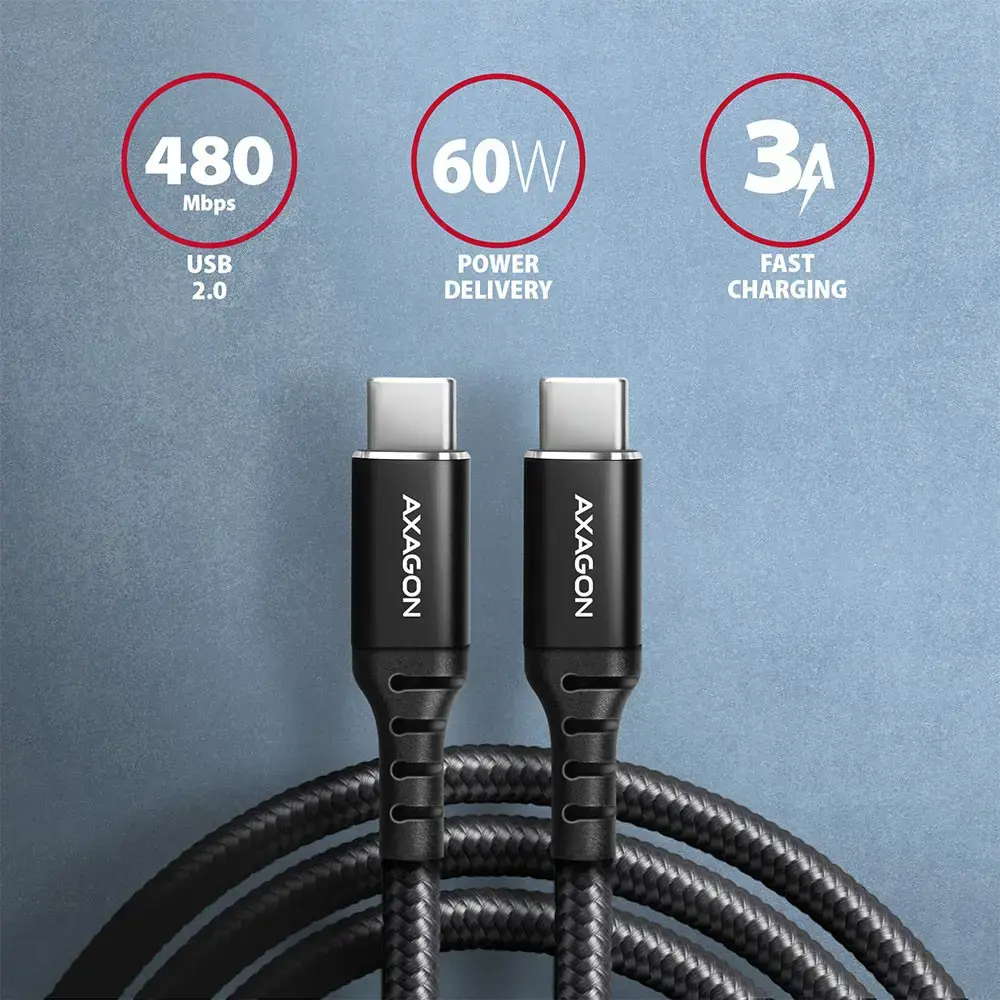 Axagon Duomenų perdavimo ir įkrovimo USB 2.0 kabelis, ilgis 3 m. 3A. PD 60W, 3A. Juodas pintas.