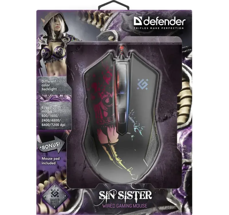 Žaidimų, optinė, laidinė pelė DEFENDER GM-933 SIN'SISTER 7200dpi 6P RGB
