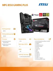 MSI MPG B550 Gaming Plus, AMD, Socket AM4, 3-iosios kartos "AMD Ryzen™ 3", 3-iosios kartos "AMD Ryzen 5", 3-iosios kartos "AMD Ryzen™ 7", 3-iosios kartos..., DDR4-SDRAM, 128 GB, DIMM
