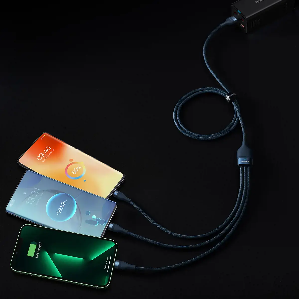 3in1 USB cable Baseus Flash Series, USB-C + micro USB + Lightning, 100W, 1.2m (blue)