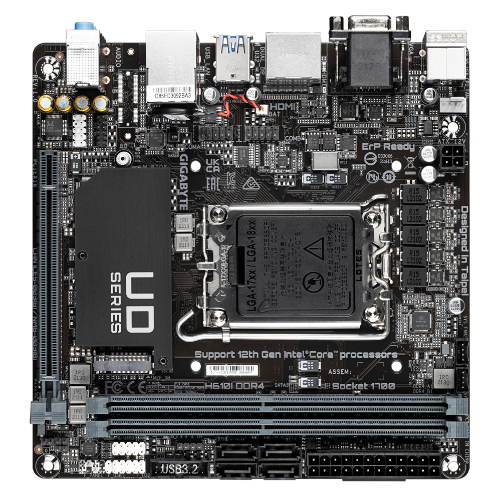 Gigabyte H610I DDR4, "Intel", LGA 1700, "Intel® Celeron®", "Intel® Core™ i3", "Intel® Core™ i5", "Intel® Core™ i7", "Intel® Core™ i9", "Intel Pentium G", LGA 1700, DDR4-SDRAM, 64 GB