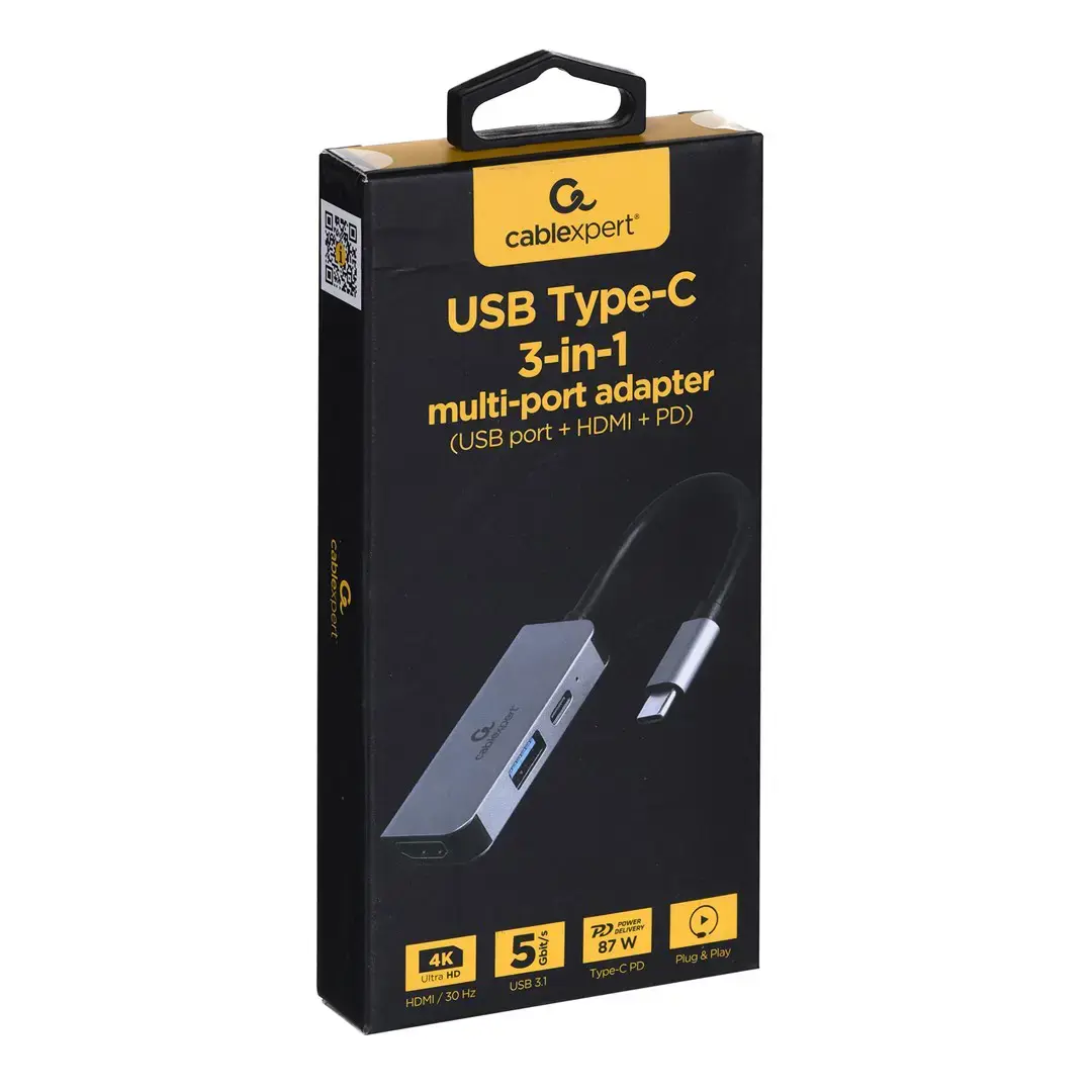 GEMBIRD A-CM-COMBO3-02 Kelių prievadų adapteris C tipo USB 3in1 USB prievadas + HDMI + PD sidabrinis