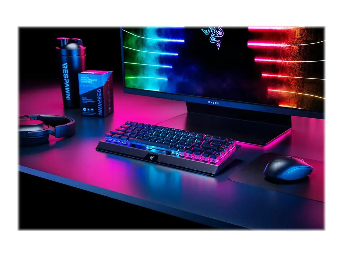 "Razer BlackWidow V3 Mini HyperSpeed" mechaninė žaidimų klaviatūra, RGB LED apšvietimas, QWERTY, tarptautinė, belaidė, juoda, geltonas jungiklis