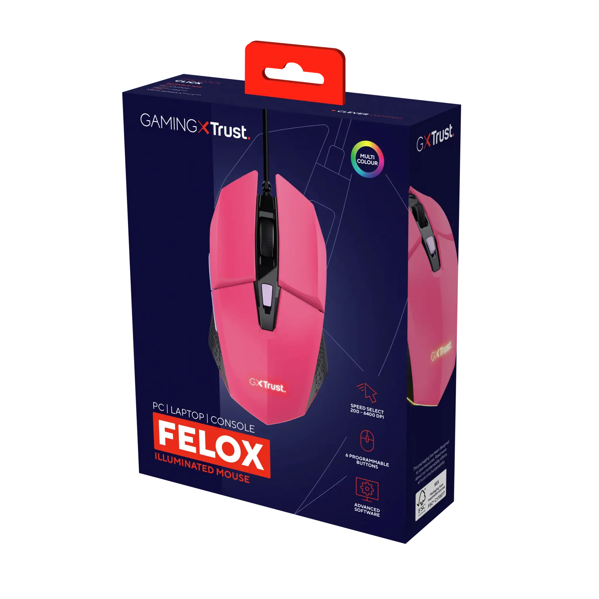 "Trust GXT 109P FELOX", dvipusis, USB Type-A, 6400 DPI, rožinis