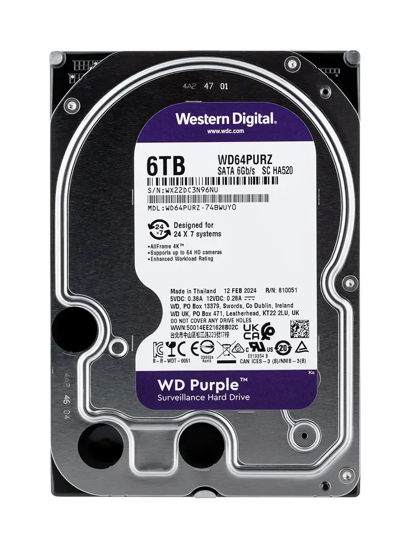 WD Purple 6TB SATA 3,5 colių vidinis kietasis diskas 256 MB spartinančiosios atminties