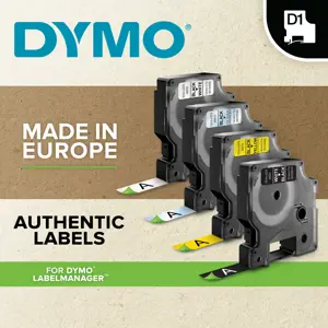 DYMO Authentic D1 Labels | Black Print on Green Tape | 12 mm x 7 m | Self-Adhesive Labels for LabelManager Label Makers | Made in Europe, Black on green, Polyester, Belgium, -18 - 90 °C, DYMO, LabelManager, LabelWriter 450 DUO