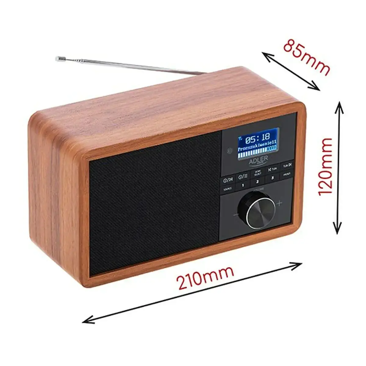 "Adler Radio" DAB+ "Bluetooth" AD 1184. LCD ekranas, juodos/rudos spalvos, žadintuvo funkcija