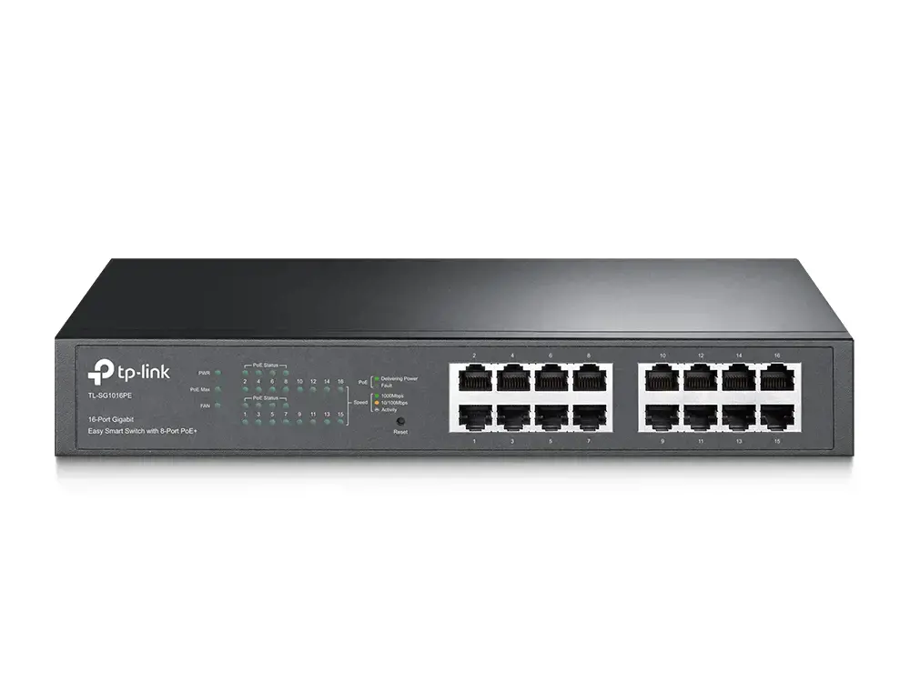 "TP-Link" 16 prievadų "Gigabit Easy Smart" komutatorius su 8 prievadais PoE+, valdomas, L2, Gigabit Ethernet (10/100/1000), maitinimas per Ethernet (PoE), montuojamas į stovą, 1U