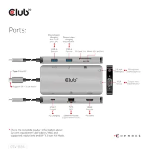 CLUB3D USB Gen1 Type-C 9-in-1 hub with HDMI, VGA, 2x USB Gen1 Type-A, RJ45, SD/Micro SD card slots and USB Gen1 Type-C Female port, USB 3.2 Gen 1 (3.1 Gen 1) Type-C, 3.5mm, HDMI, RJ-45, USB 3.2 Gen 1 (3.1 Gen 1) Type-A, USB 3.2 Gen 1 (3.1 Gen 1) Type-C, VGA, MicroSD (TransFlash), SD, 5000 Mbit/s, 60 Hz, 1920 x 1080 (HD 1080), 3860 x 2160