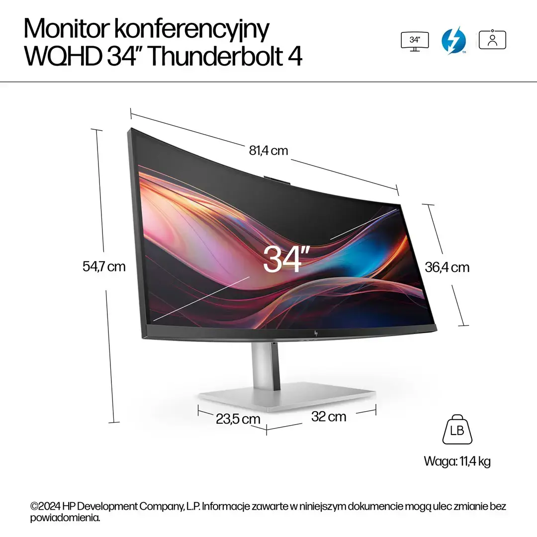 HP 734pm Series 7 Pro Curved Conferencing Monitor - 34" 3440x1440 WQHD 400-nit 120Hz AG, Curved, IPS HDR, USB-C(100W/65W/15W)/HDMI/DisplayPort Daisy-Chain, 5x USB-A, speakers, 5MP webcam, RJ-45 LAN, height adjustable/tilt/swivel, 3 years