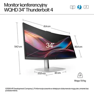 HP 734pm Series 7 Pro Curved Conferencing Monitor - 34" 3440x1440 WQHD 400-nit 120Hz AG, Curved, IPS HDR, USB-C(100W/65W/15W)/HDMI/DisplayPort Daisy-Chain, 5x USB-A, speakers, 5MP webcam, RJ-45 LAN, height adjustable/tilt/swivel, 3 years